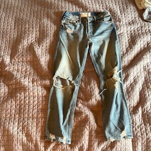 MOTHER Blue Straight Leg Jeans with Distressed Details